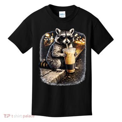 Raccoon Drinking Iced Coffee Kids T-Shirt