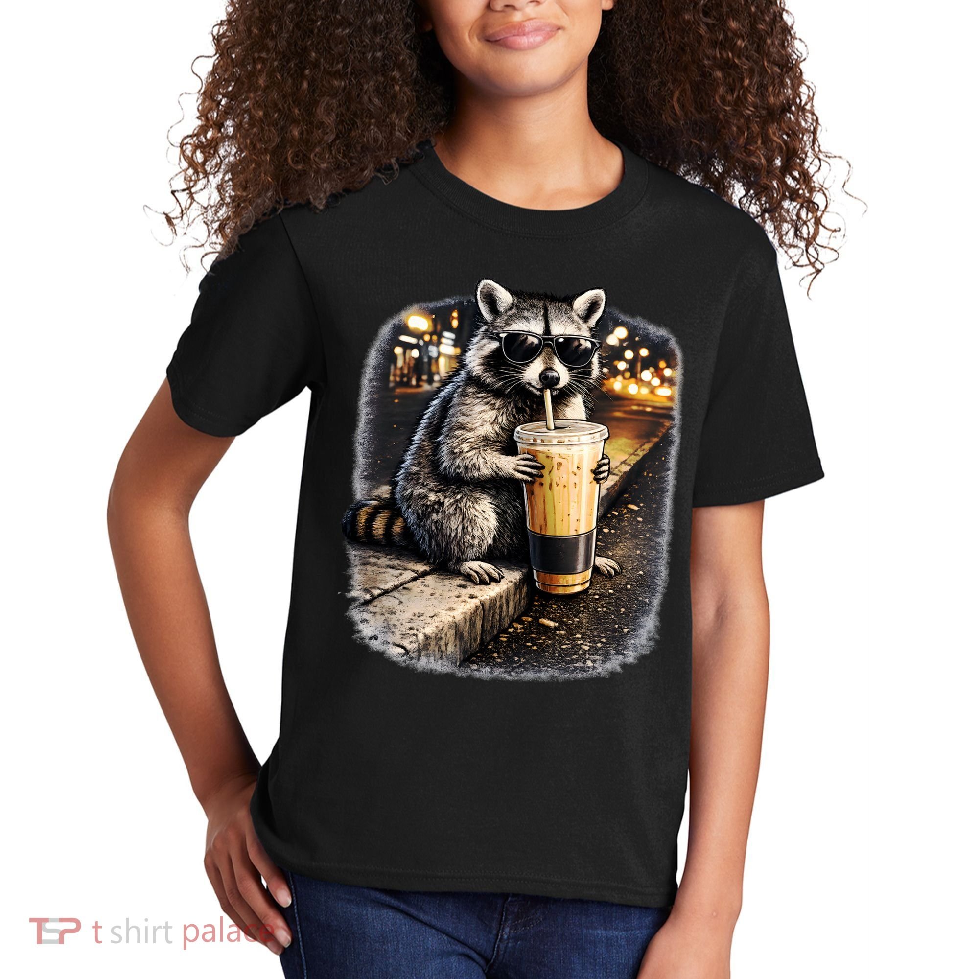 Raccoon Drinking Iced Coffee Kids T-Shirt