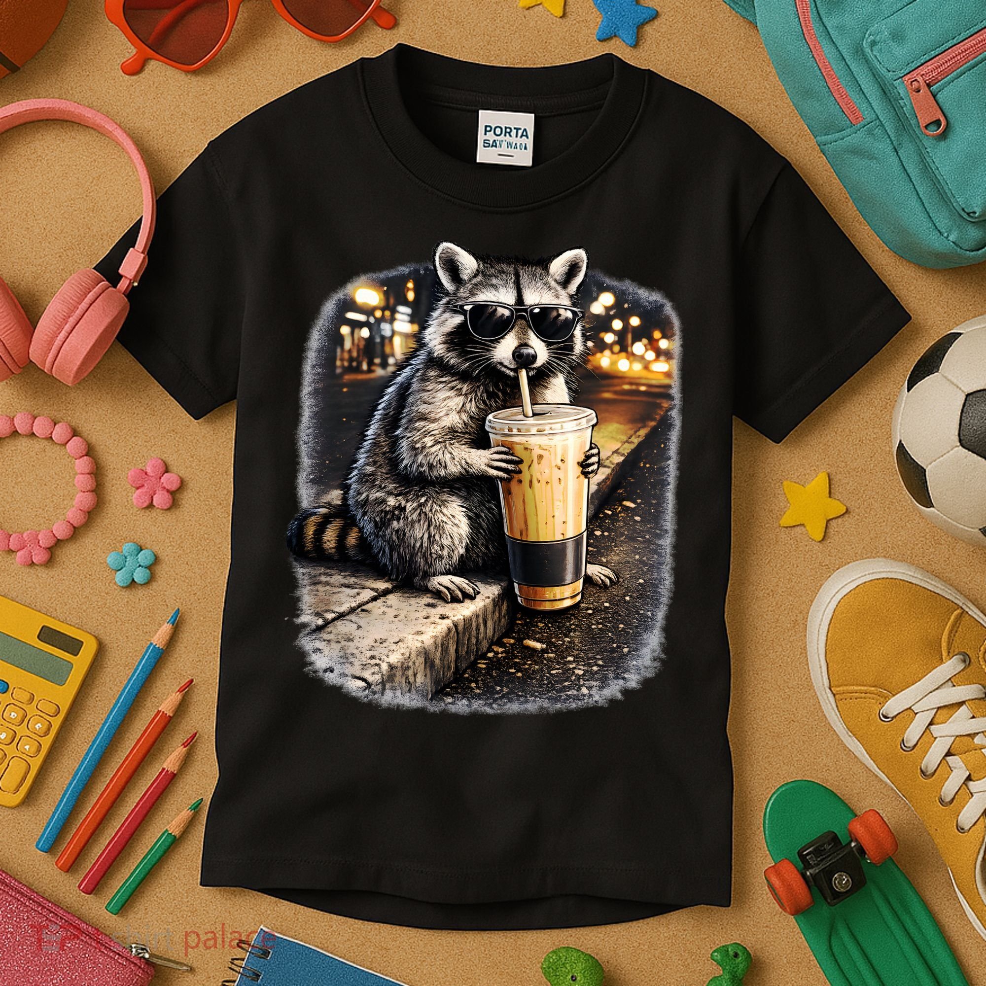 Raccoon Drinking Iced Coffee Kids T-Shirt