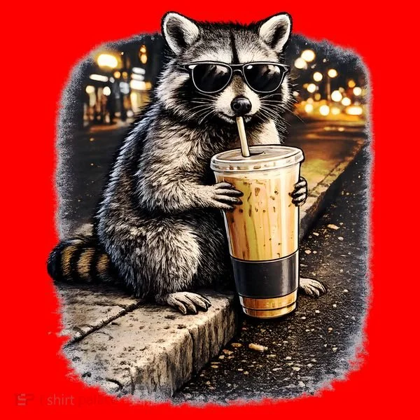 Raccoon Drinking Iced Coffee Santa Hat