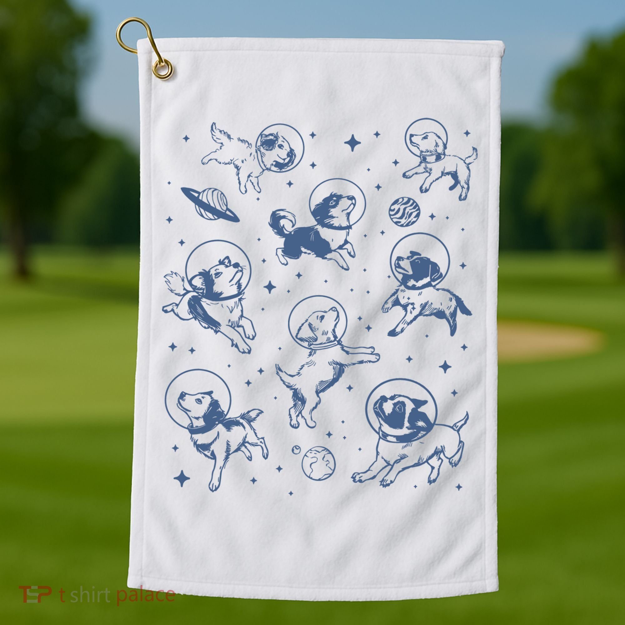 Retro Dogs In Space Funny Galaxy Golf Towel