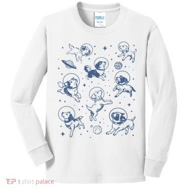 Retro Dogs In Space Funny Galaxy Kids Long Sleeve Shirt