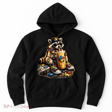 Raccoon Drinking Iced Coffee Autism Hoodie