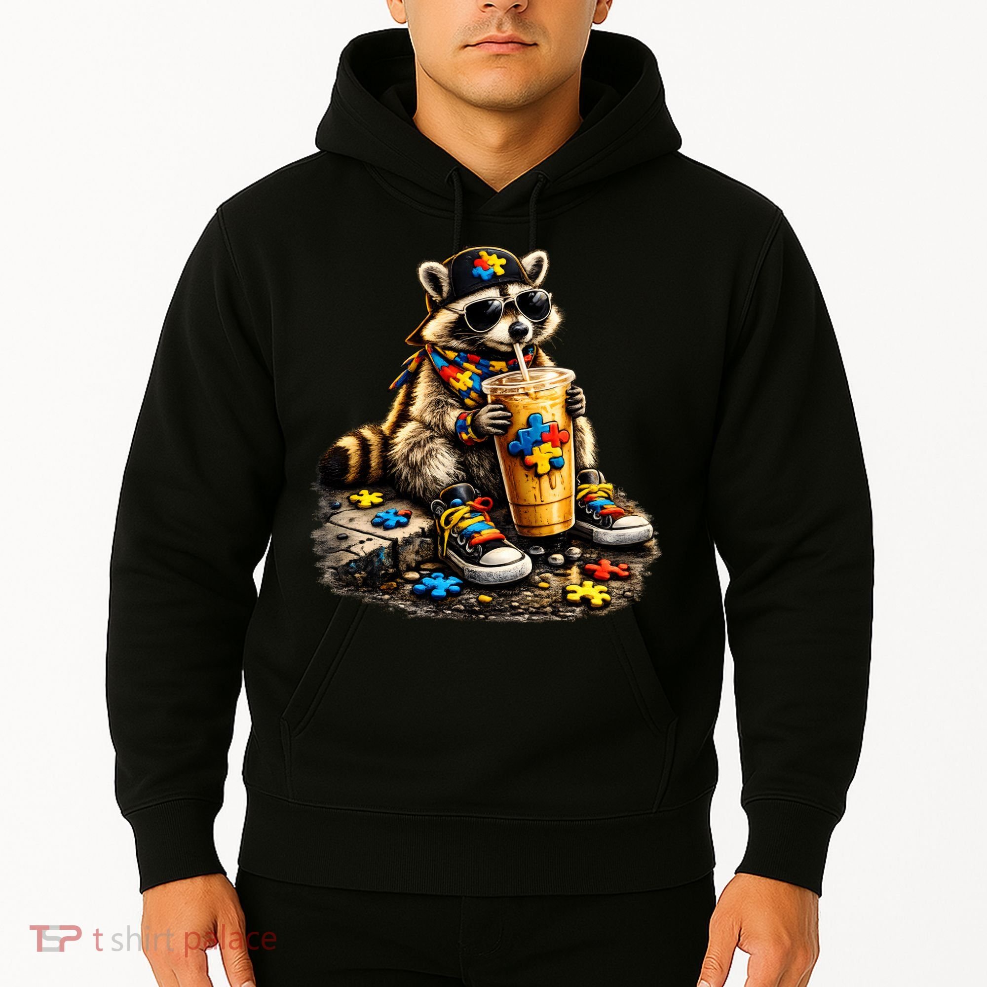 Raccoon Drinking Iced Coffee Autism Hoodie