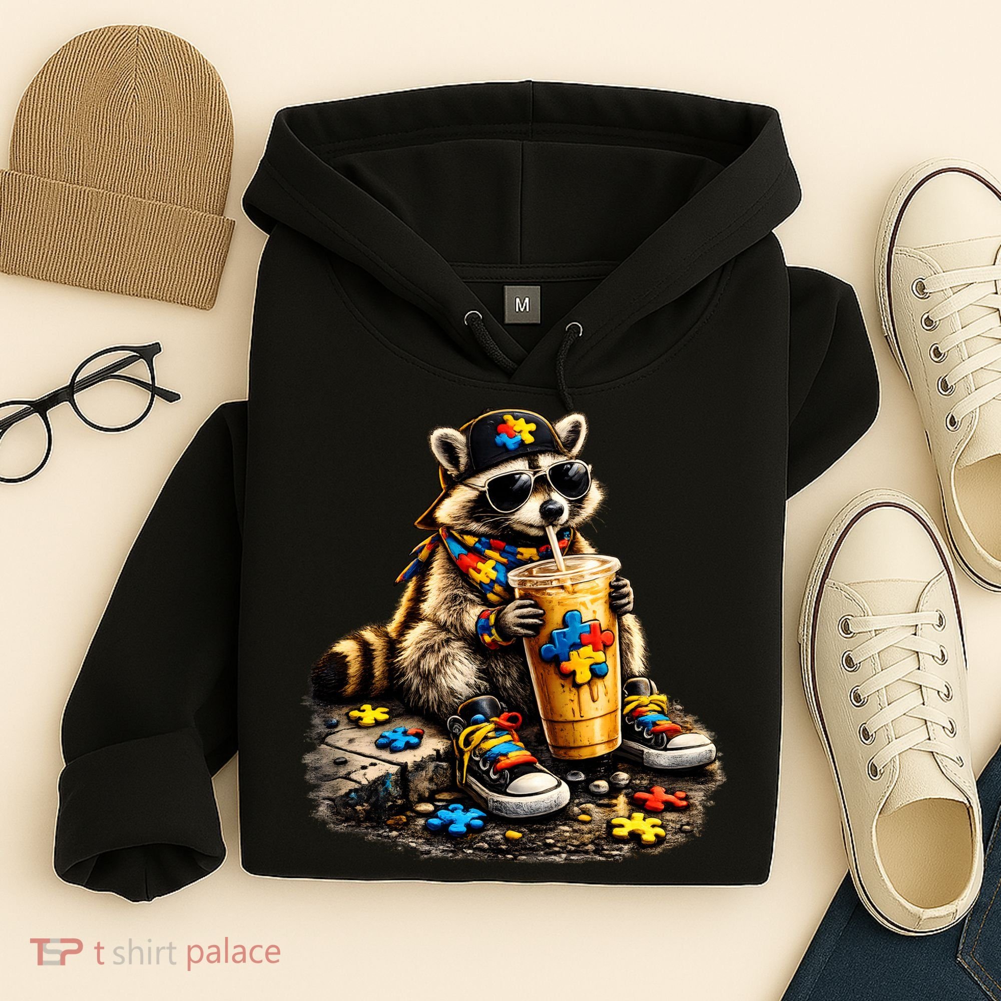 Raccoon Drinking Iced Coffee Autism Hoodie