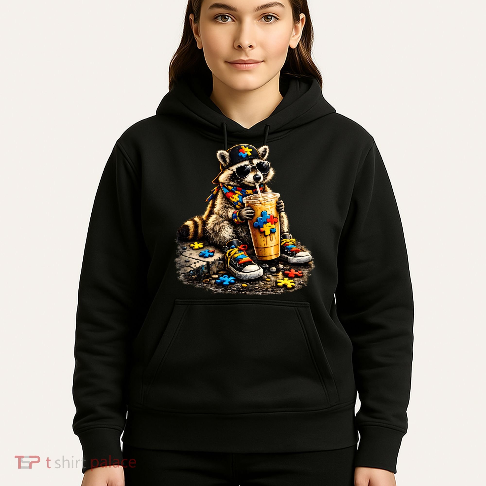 Raccoon Drinking Iced Coffee Autism Hoodie