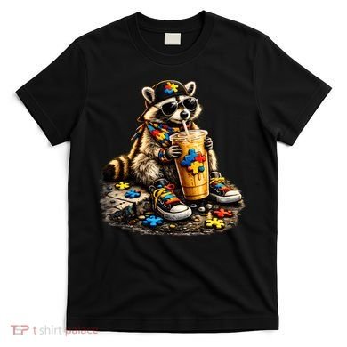Raccoon Drinking Iced Coffee Autism T-Shirt