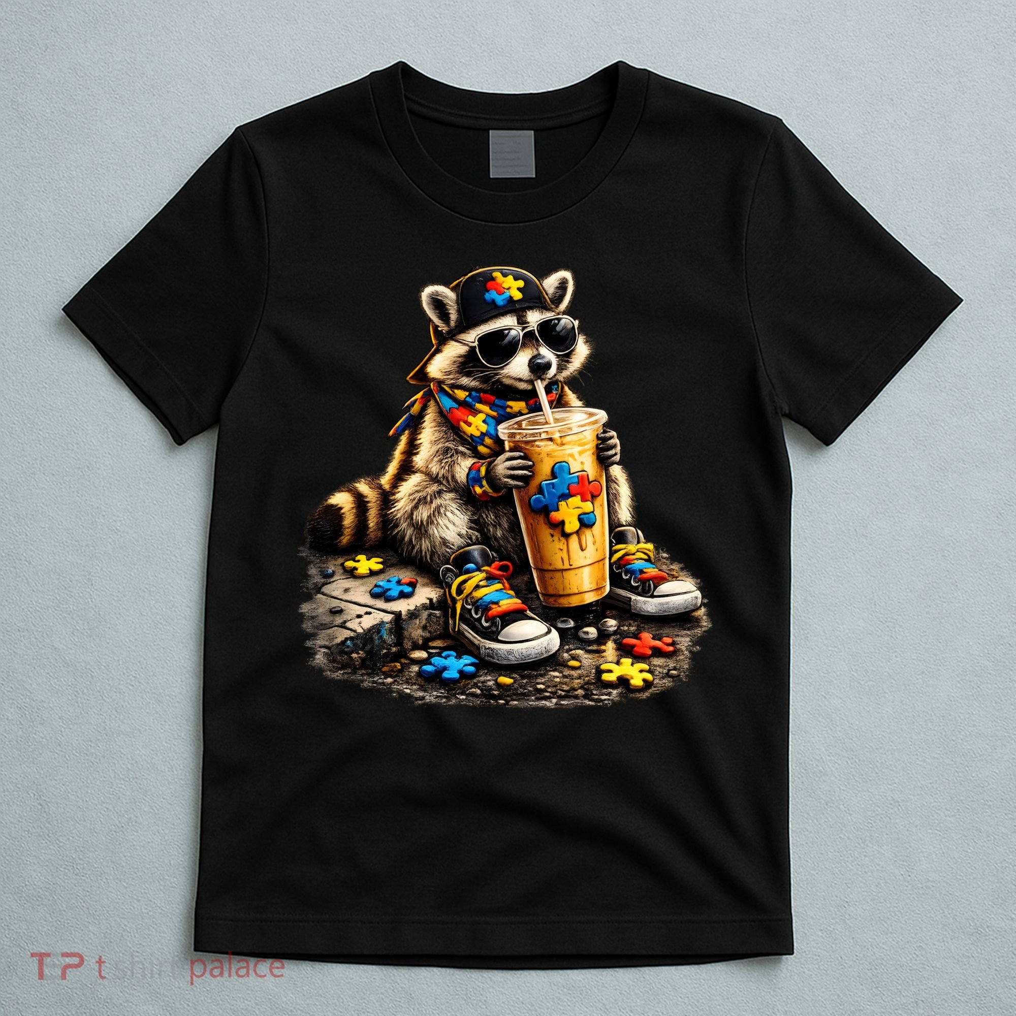Raccoon Drinking Iced Coffee Autism T-Shirt