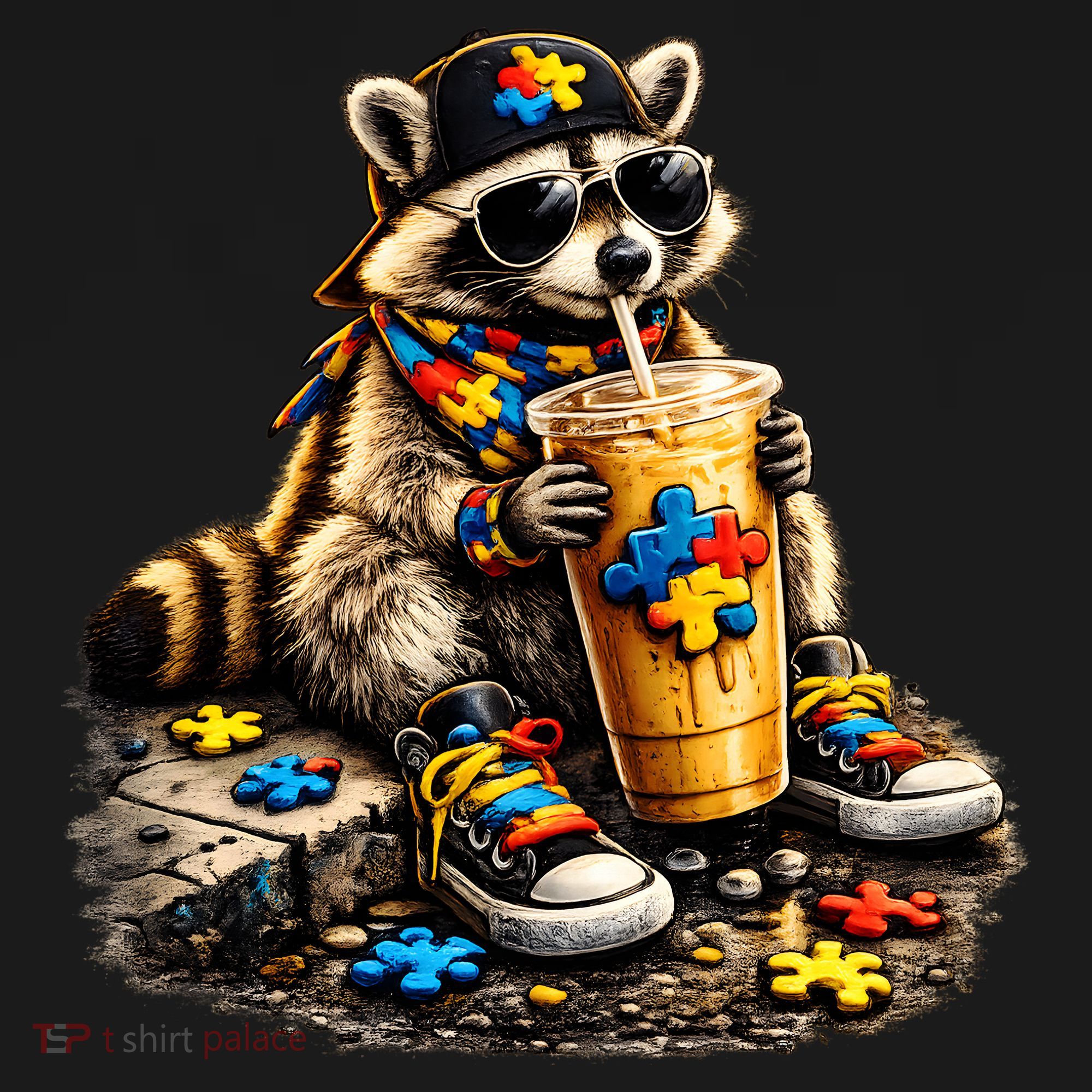 Raccoon Drinking Iced Coffee Autism Bucket Hat
