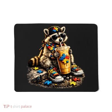 Raccoon Drinking Iced Coffee Autism Mousepad