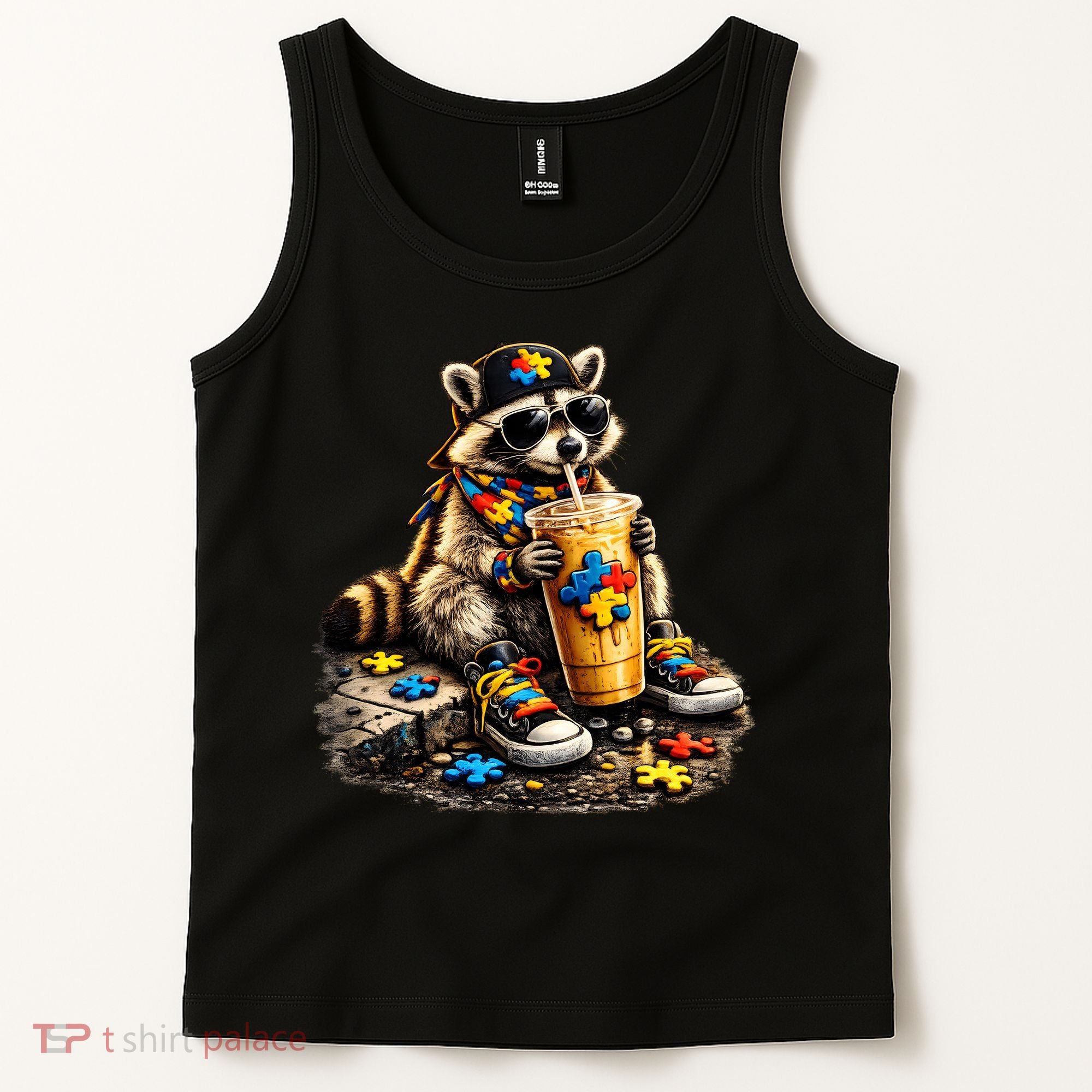 Raccoon Drinking Iced Coffee Autism Tank Top