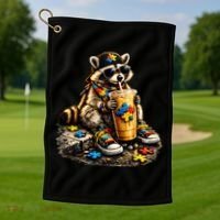 Raccoon Drinking Iced Coffee Autism Golf Towel thumb 1