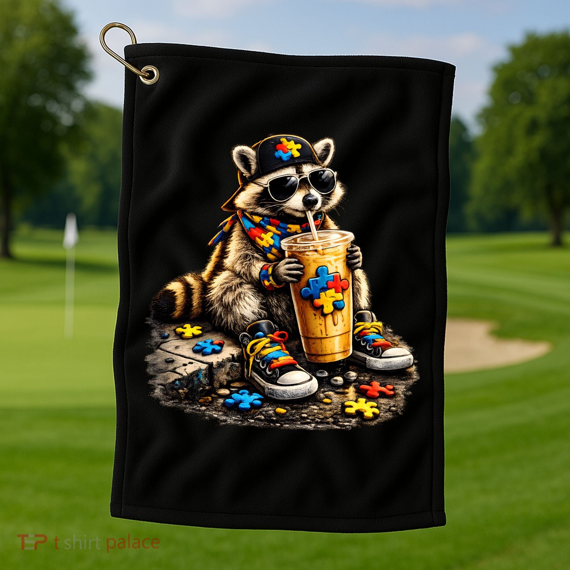 Raccoon Drinking Iced Coffee Autism Golf Towel