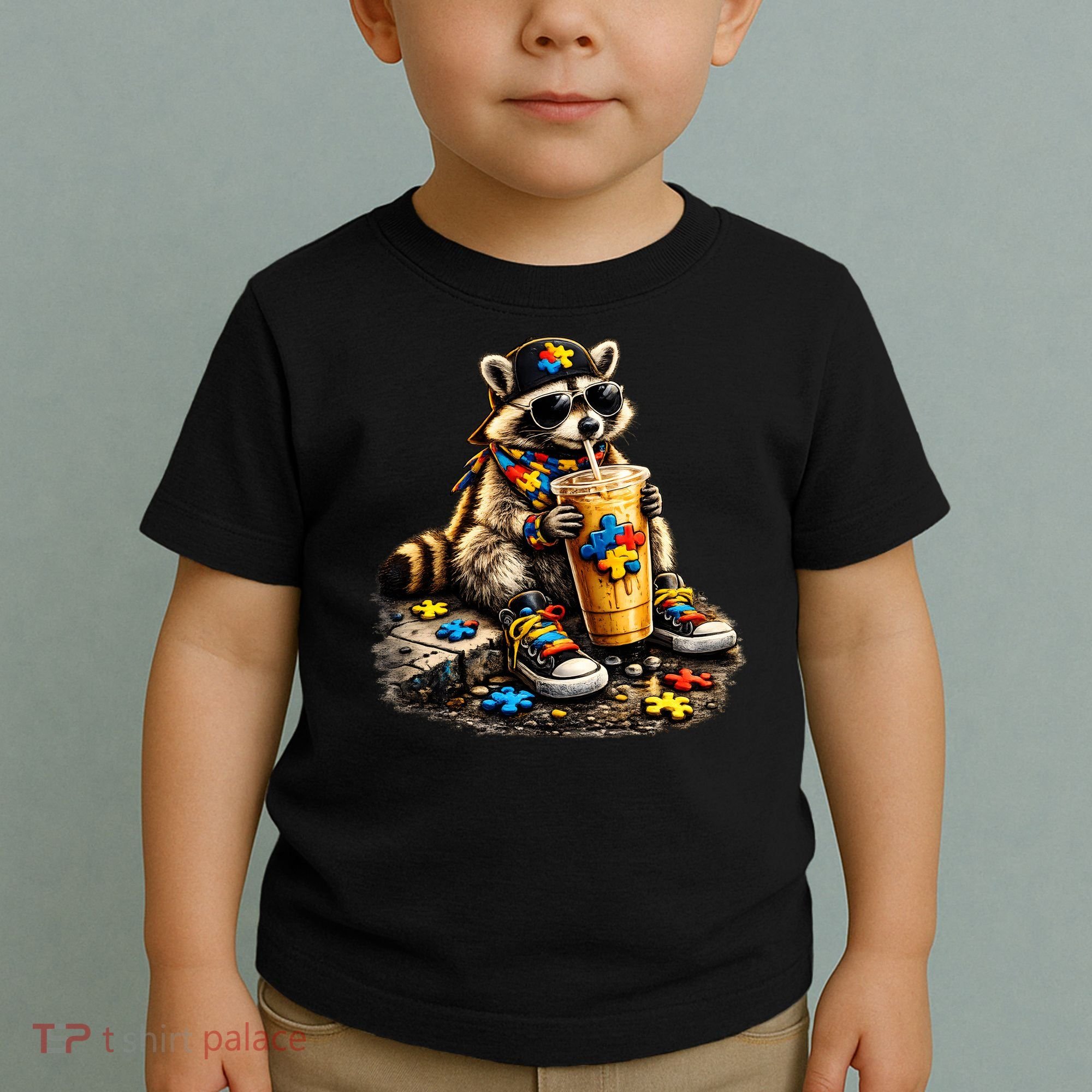 Raccoon Drinking Iced Coffee Autism Toddler T-Shirt