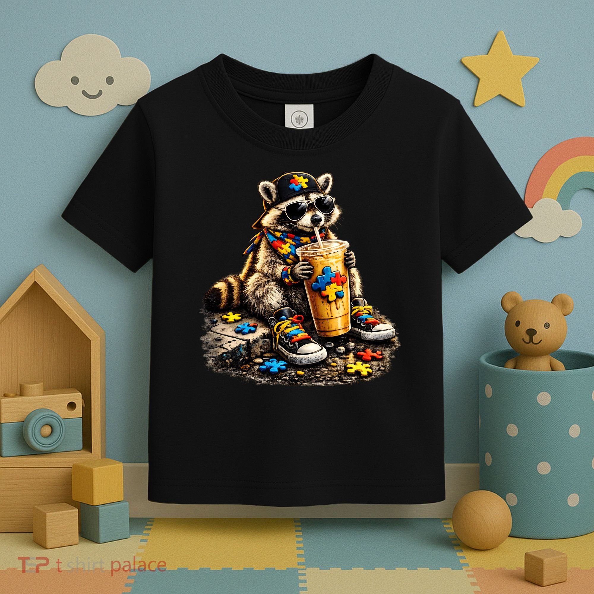 Raccoon Drinking Iced Coffee Autism Toddler T-Shirt