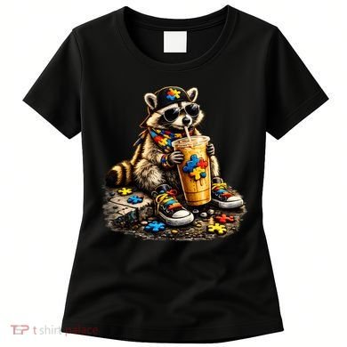 Raccoon Drinking Iced Coffee Autism Women's T-Shirt