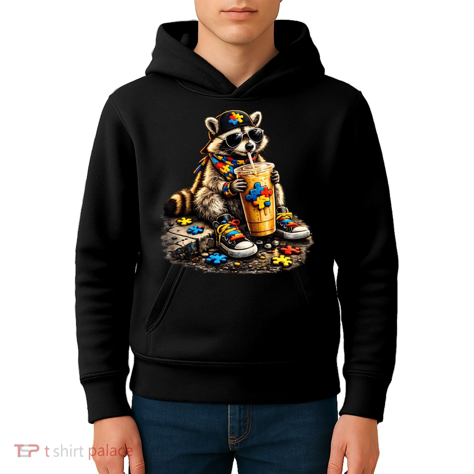 Raccoon Drinking Iced Coffee Autism Kids Hoodie