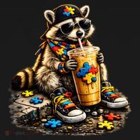 Raccoon Drinking Iced Coffee Autism Kids T-Shirt thumb 4