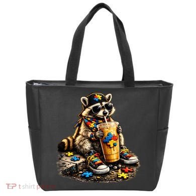 Raccoon Drinking Iced Coffee Autism Tote Bag