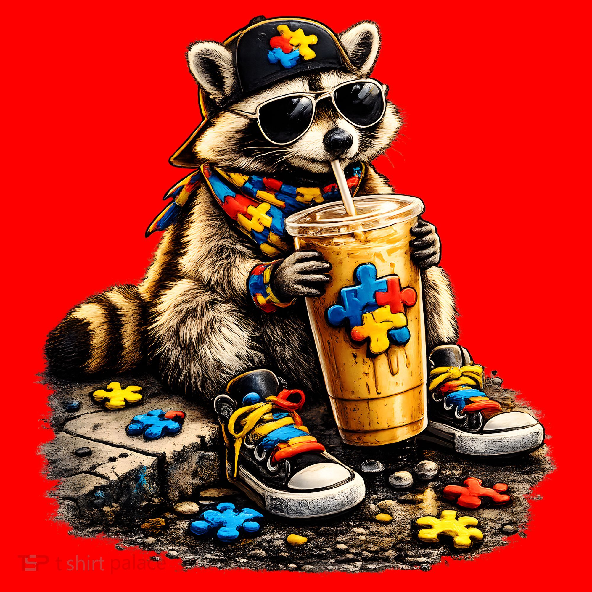 Raccoon Drinking Iced Coffee Autism Santa Hat