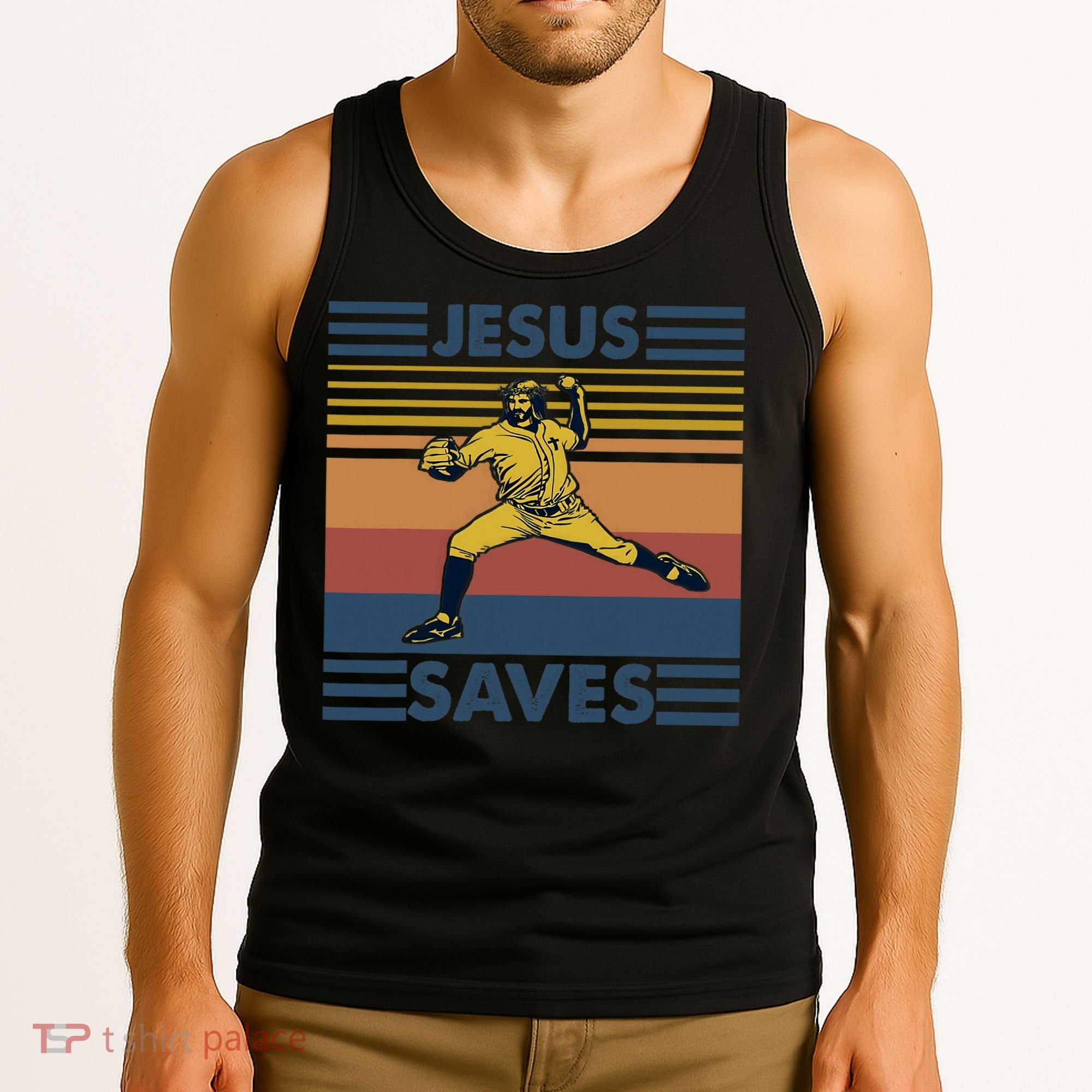 Retro Distressed Jesus Saves Baseball Tank Top