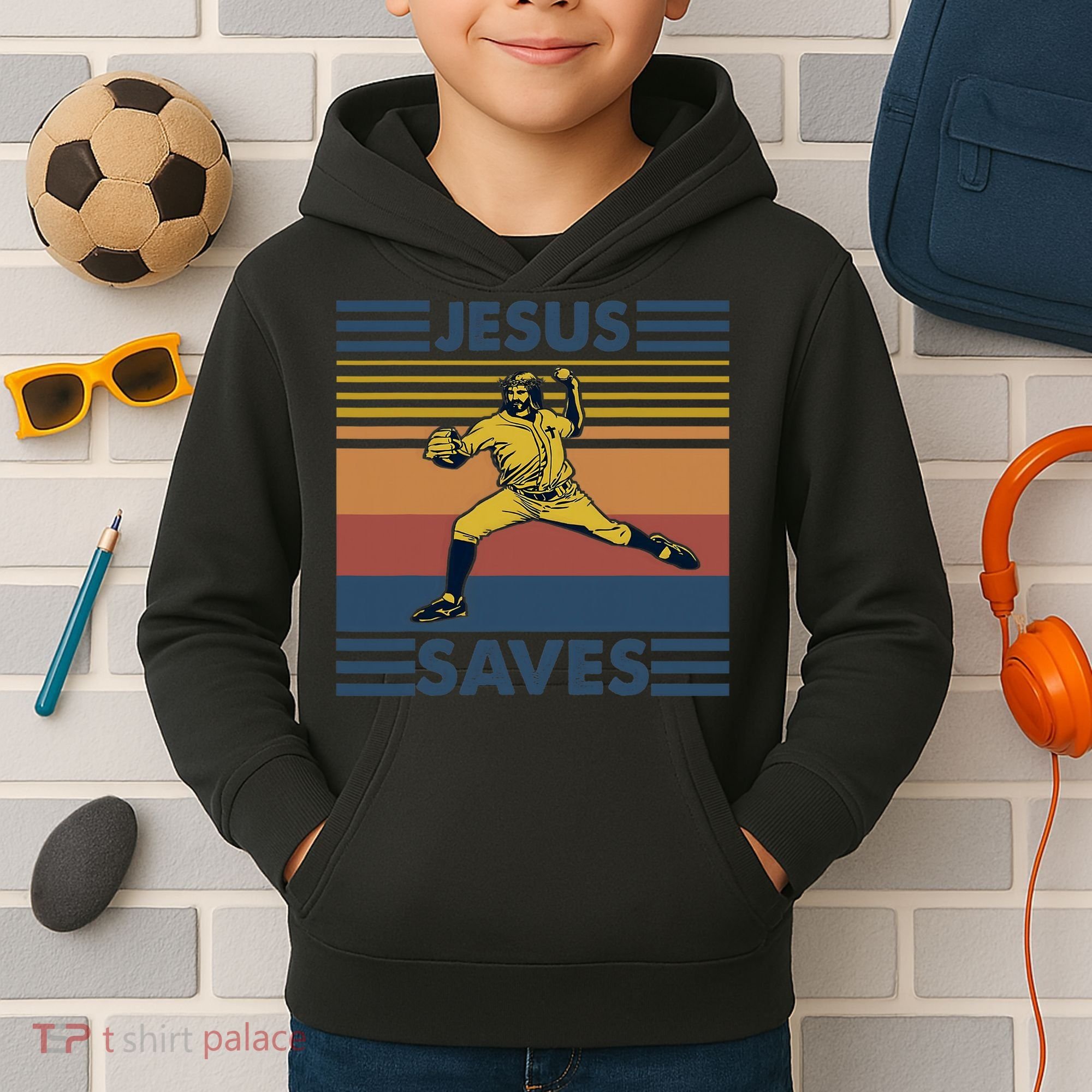 Retro Distressed Jesus Saves Baseball Kids Hoodie