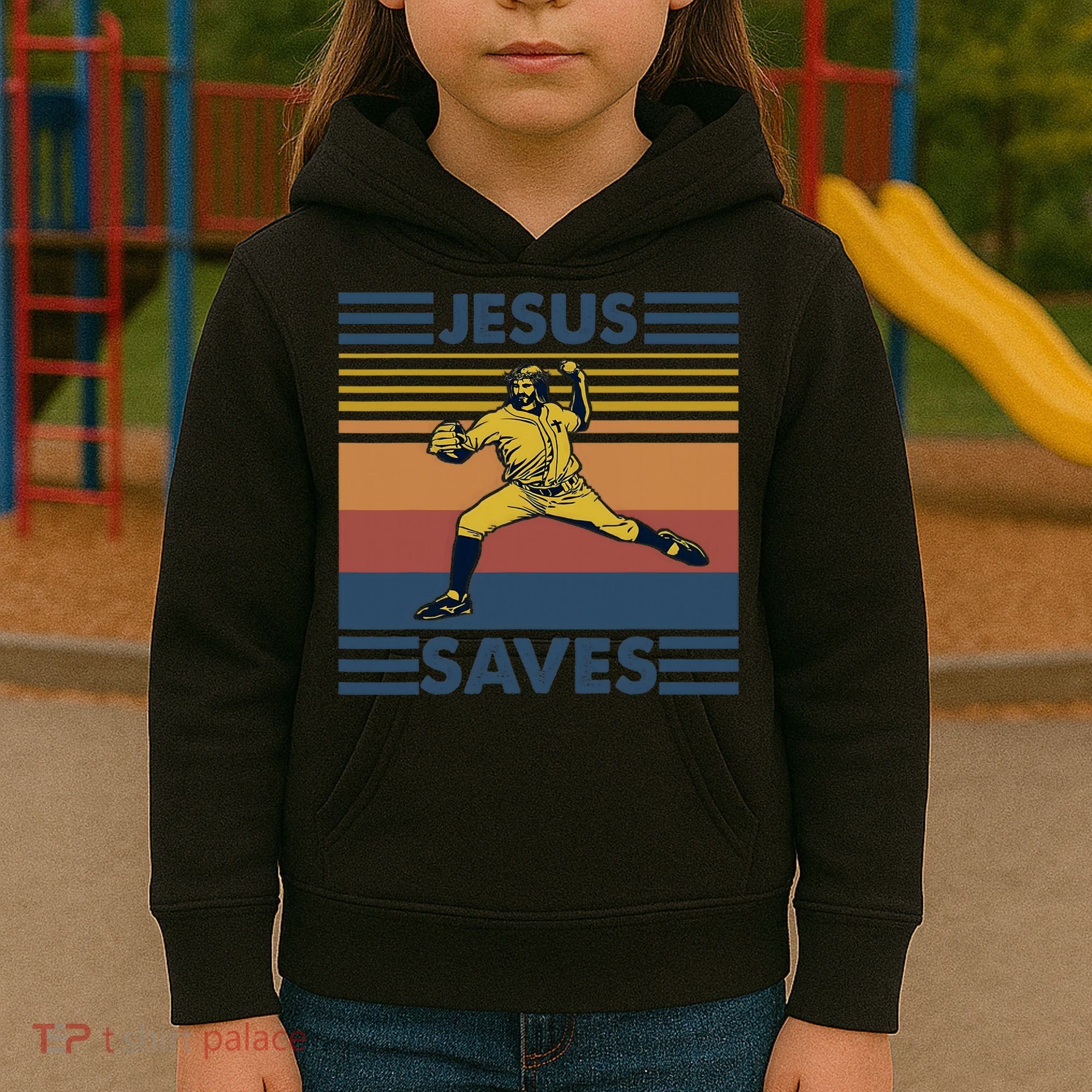 Retro Distressed Jesus Saves Baseball Kids Hoodie