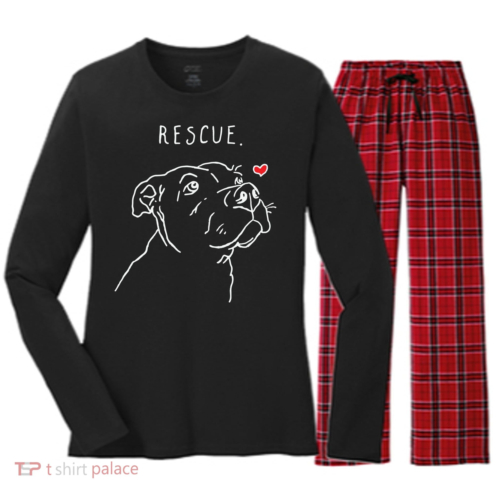 Rescue Dog Pitbull Drawing Rescue Mom Women's Long Sleeve Flannel Pajama Set 