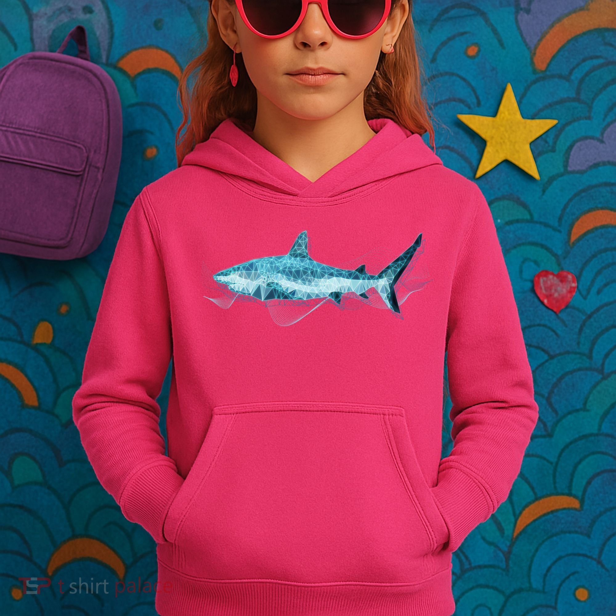 Retro Digital Polygon Shark Kids Hoodie