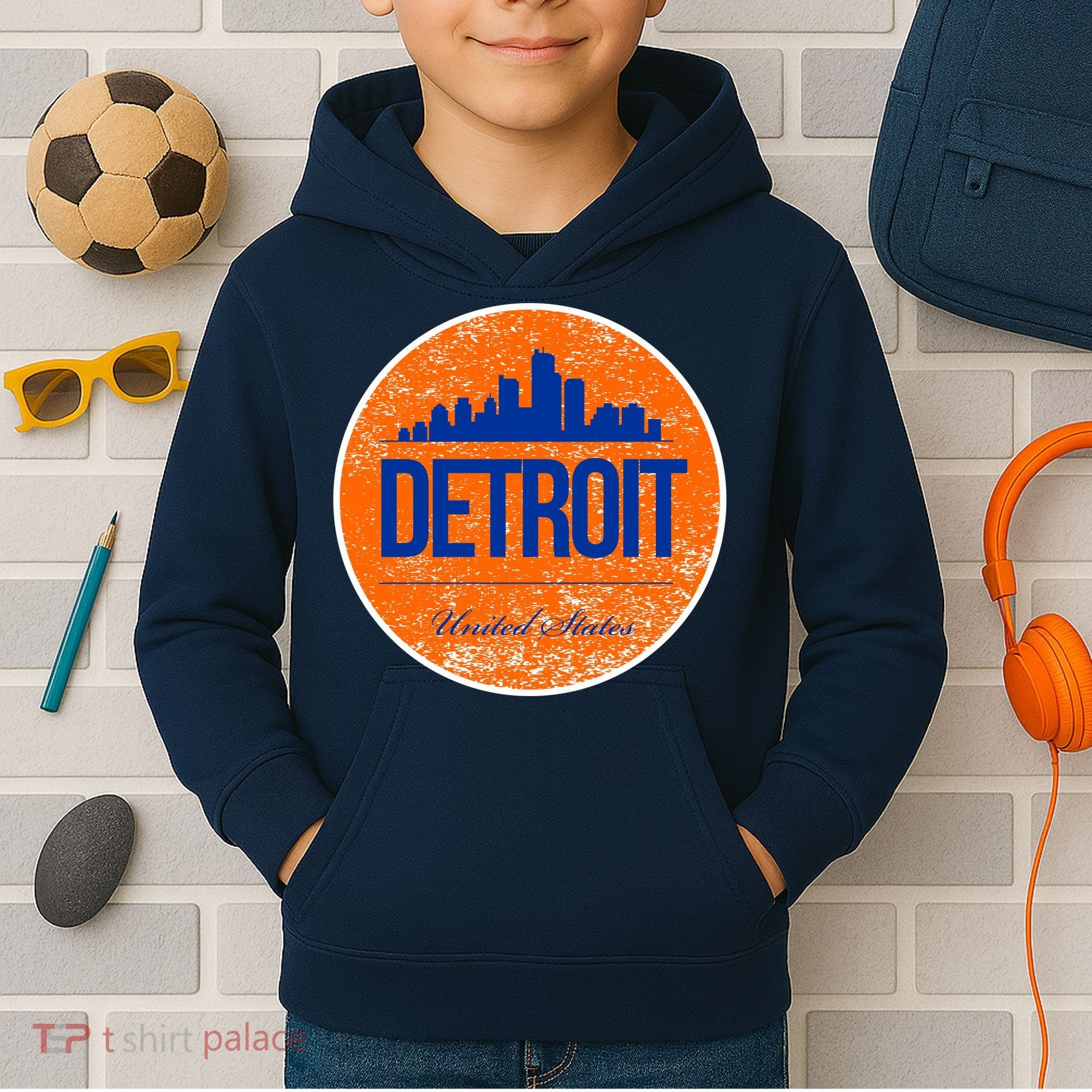 Retro Detroit Skyline Logo Kids Hoodie