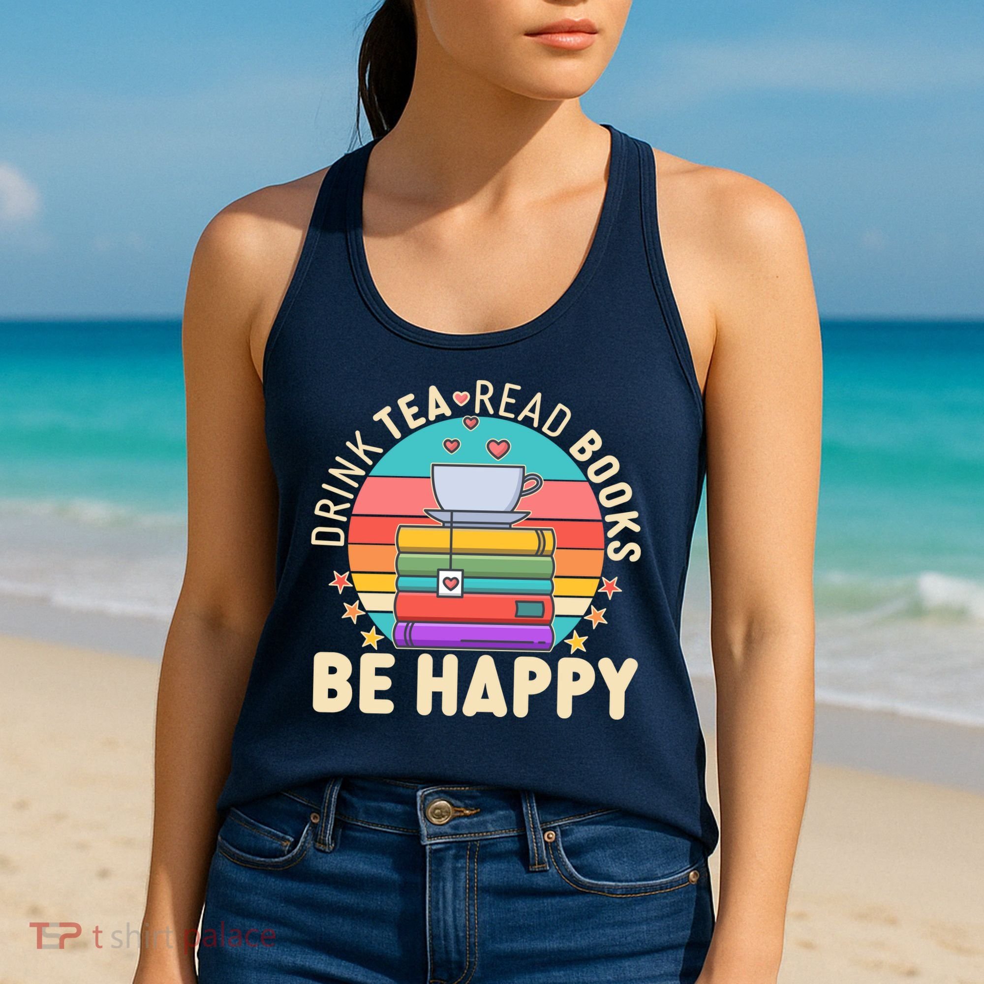 Retro Drink Tea Read Books Be Happy Women's Tank Top