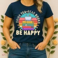 Retro Drink Tea Read Books Be Happy Women's T-Shirt thumb 2