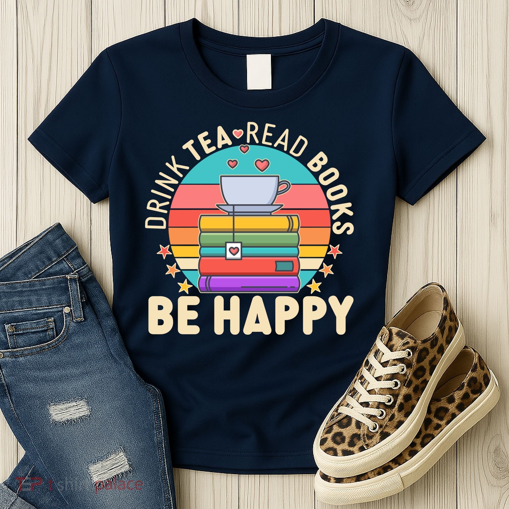 Retro Drink Tea Read Books Be Happy Women's T-Shirt