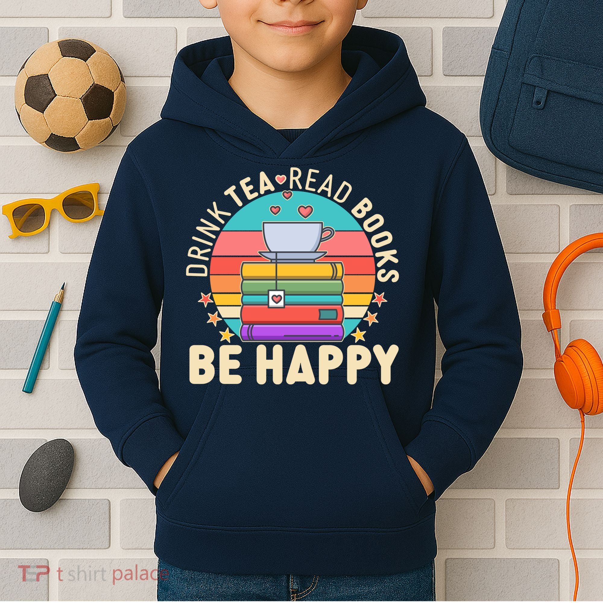 Retro Drink Tea Read Books Be Happy Kids Hoodie