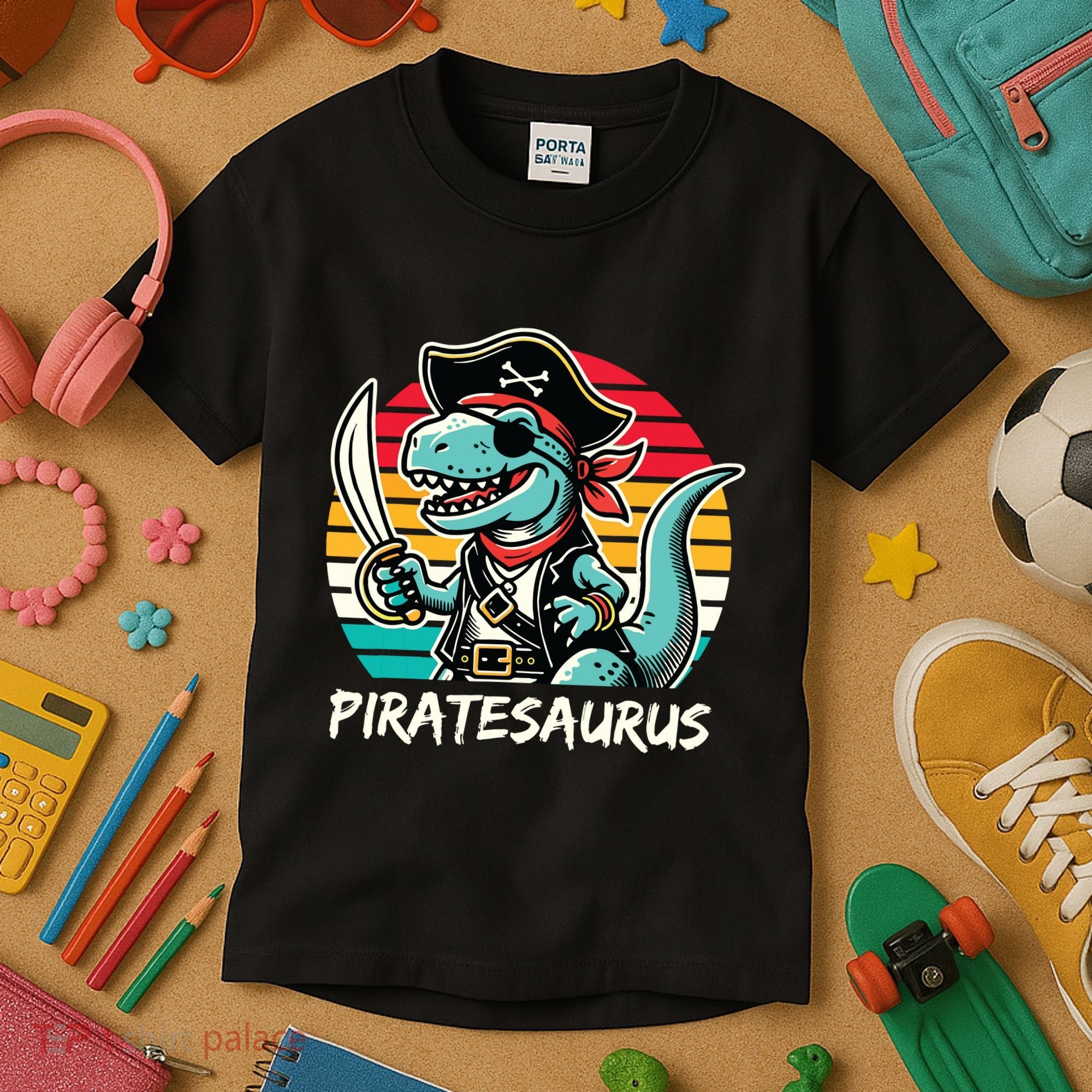 Retro Dinosaur T Rex Pirate Costume Piratesaurus Kids T-Shirt