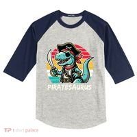 Retro Dinosaur T Rex Pirate Costume Piratesaurus Kids Colorblock Raglan Jersey thumb 0