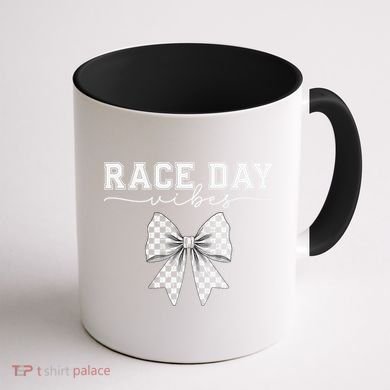 Race Day Vibes Checkered Coquette Bow Car Racing Race Day Coffee Mug back
