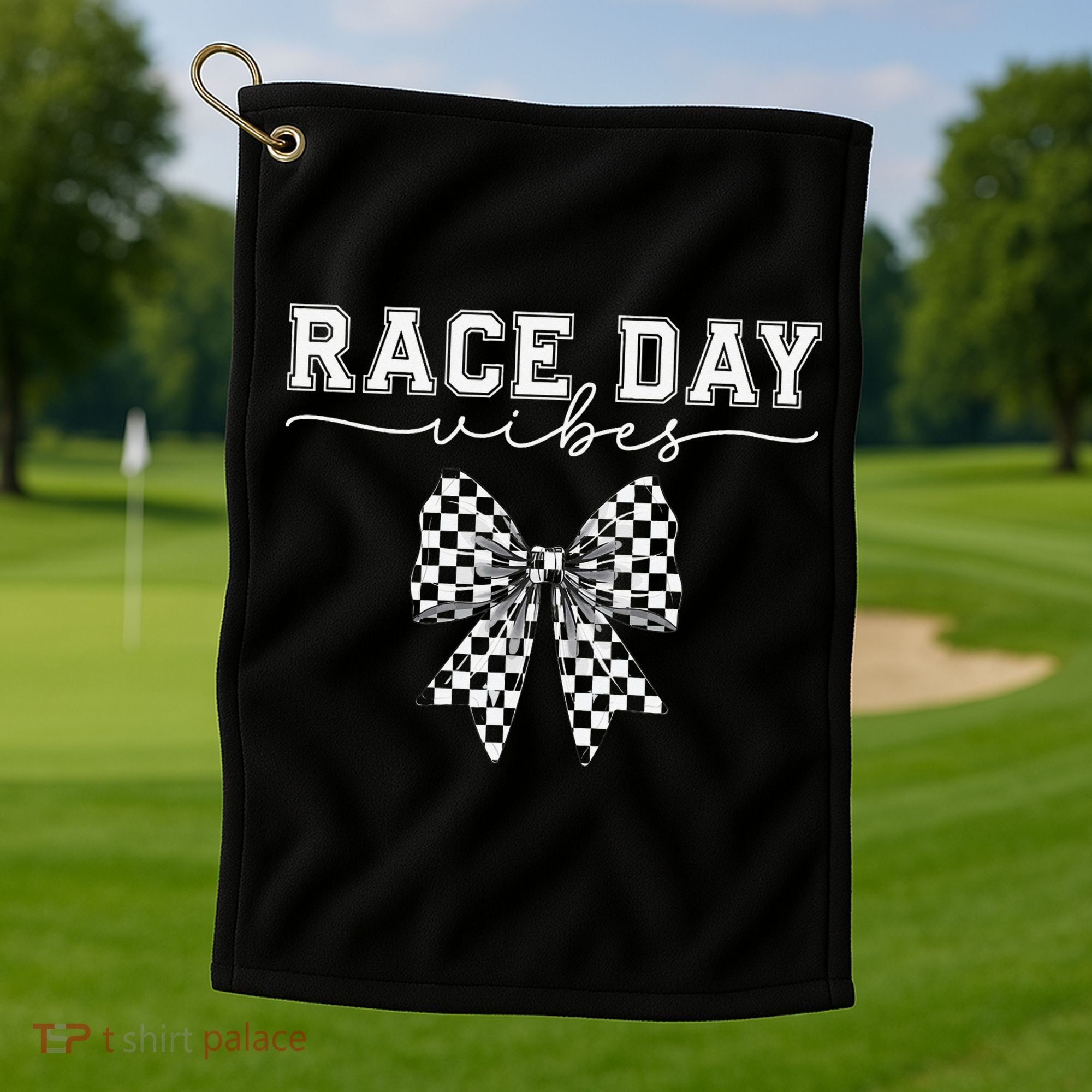 Race Day Vibes Checkered Coquette Bow Car Racing Race Day Golf Towel