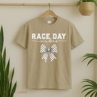 Race Day Vibes Checkered Coquette Bow Car Racing Race Day T-Shirt thumb 2