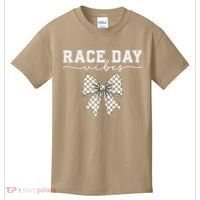 Race Day Vibes Checkered Coquette Bow Car Racing Race Day Kids T-Shirt thumb 0