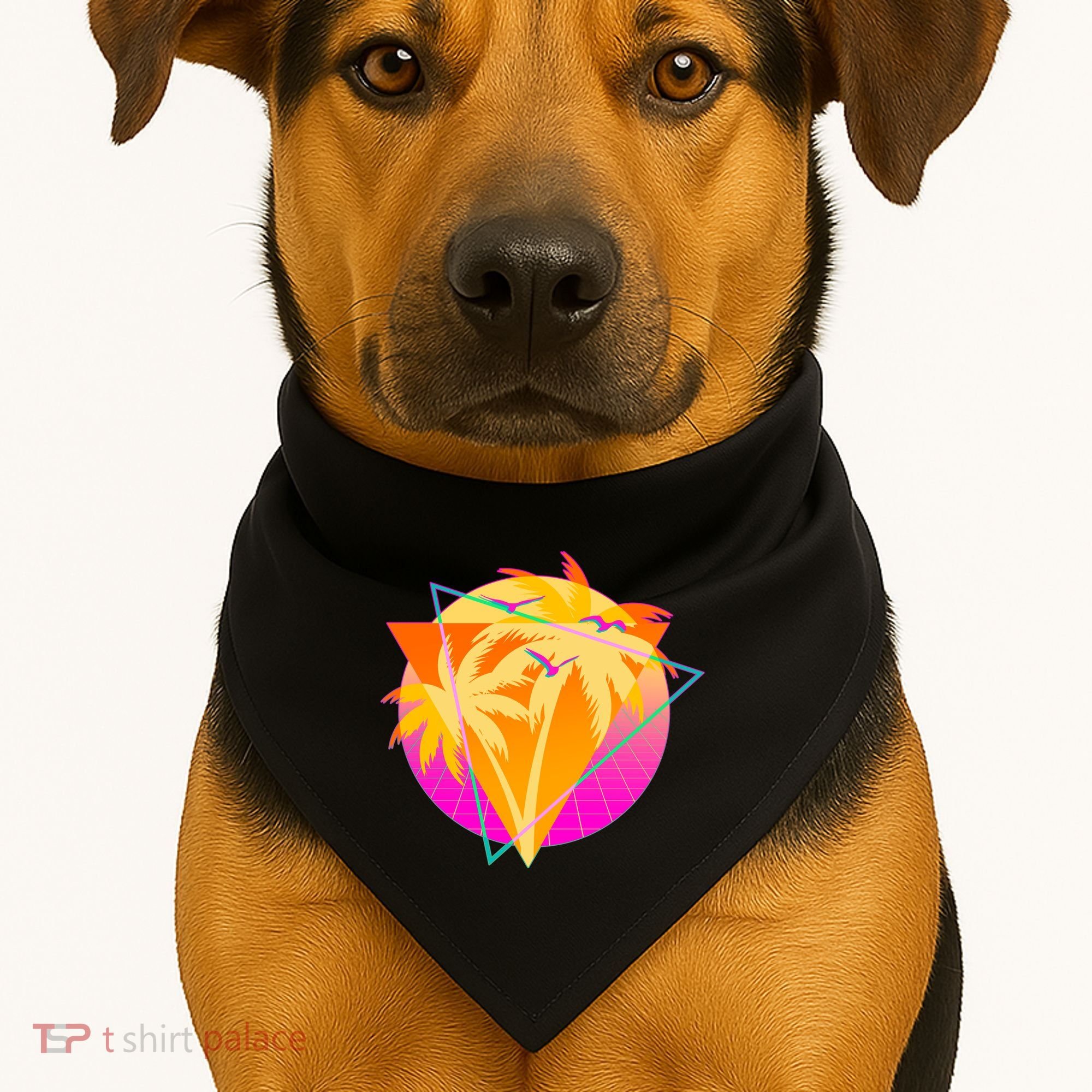 Retro Eighties 80's Tropical Palm Trees Emblem USA-Made Doggie Bandana
