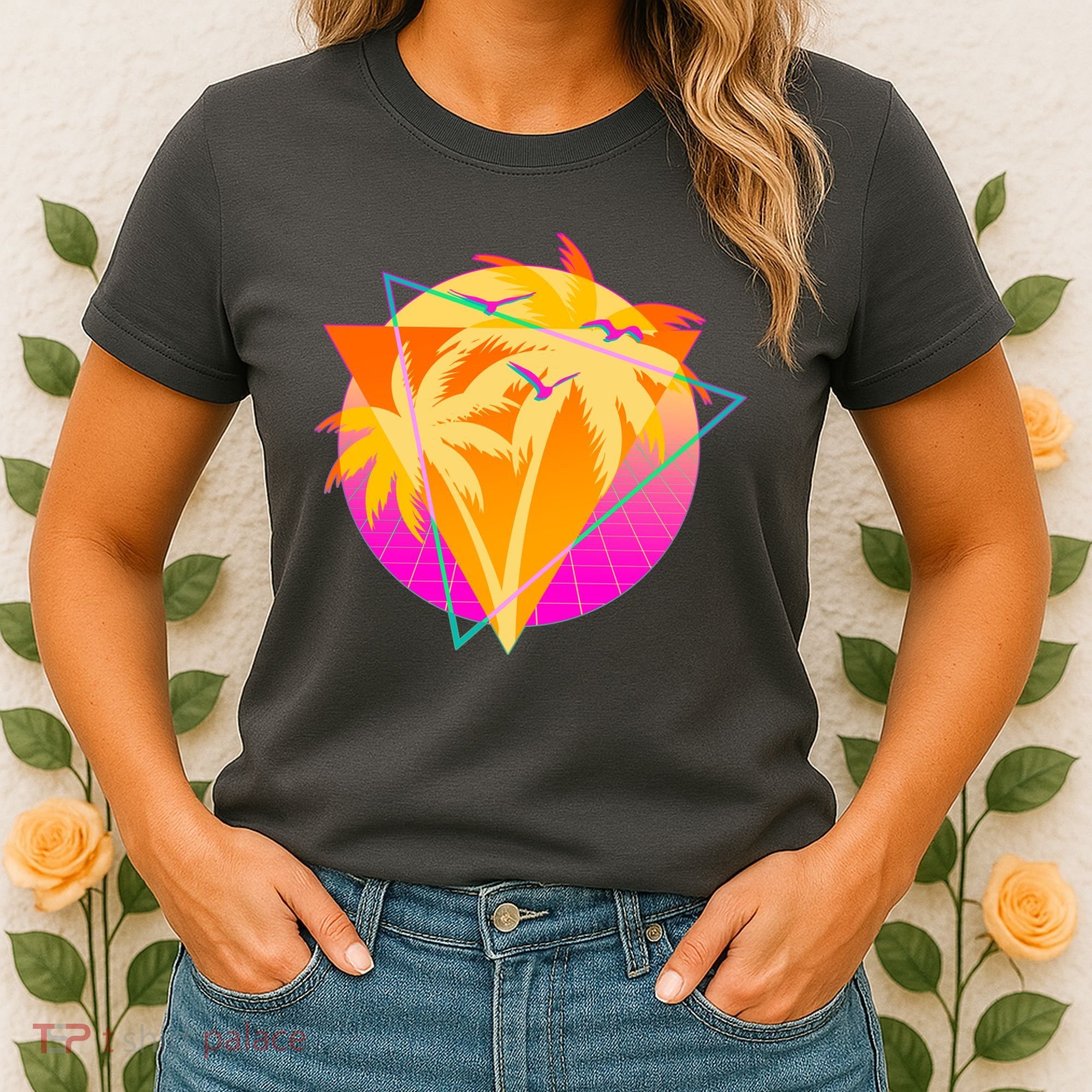 Retro Eighties 80's Tropical Palm Trees Emblem Women's T-Shirt