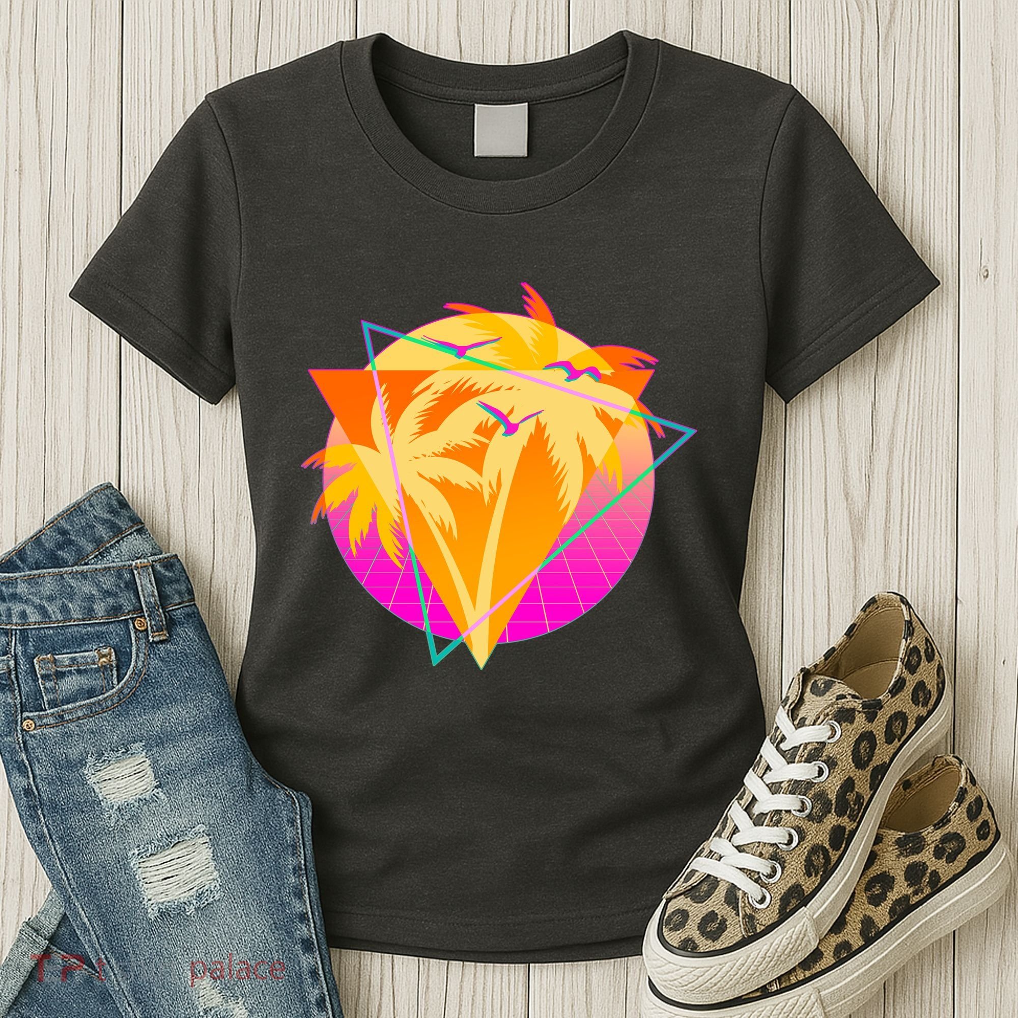 Retro Eighties 80's Tropical Palm Trees Emblem Women's T-Shirt