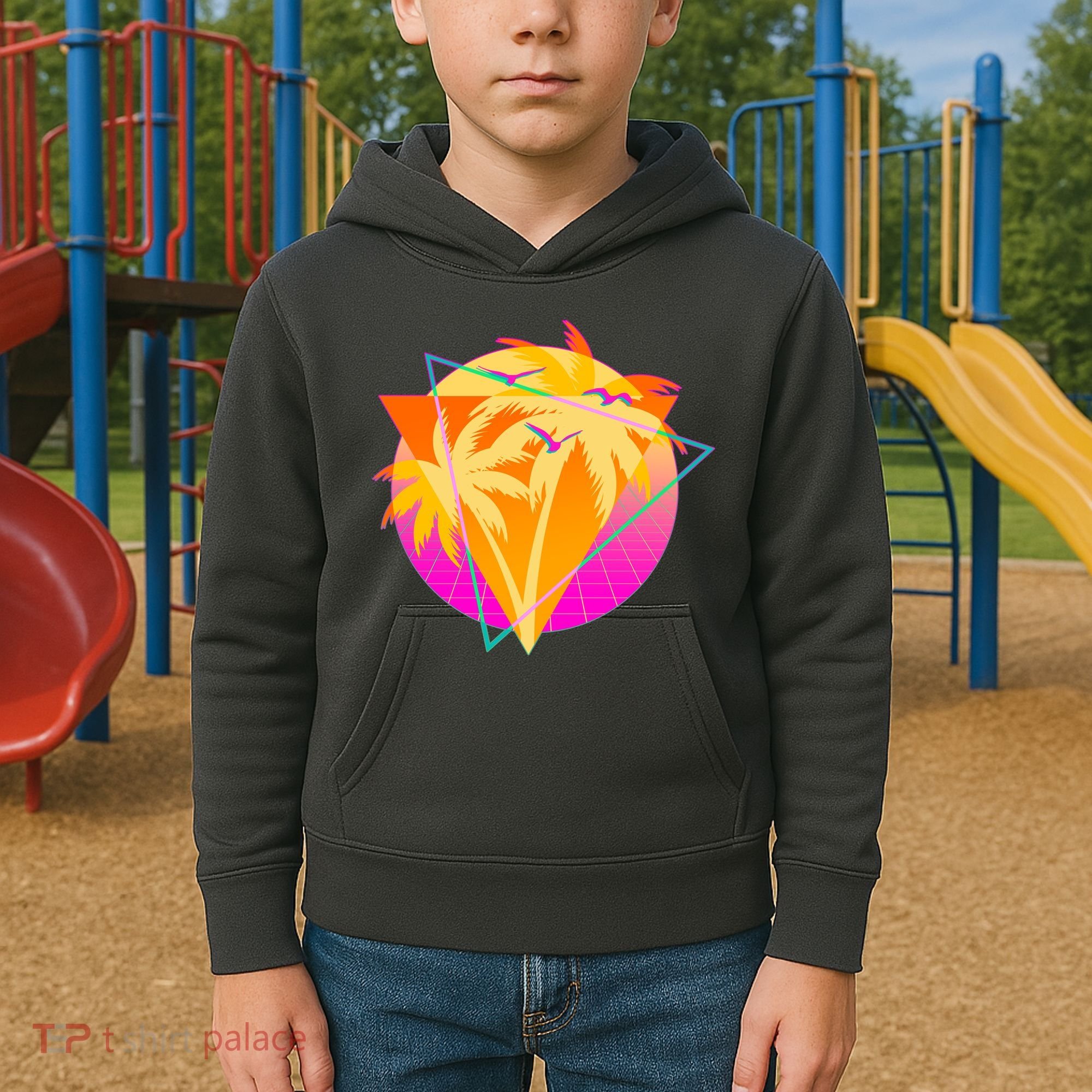 Retro Eighties 80's Tropical Palm Trees Emblem Kids Hoodie