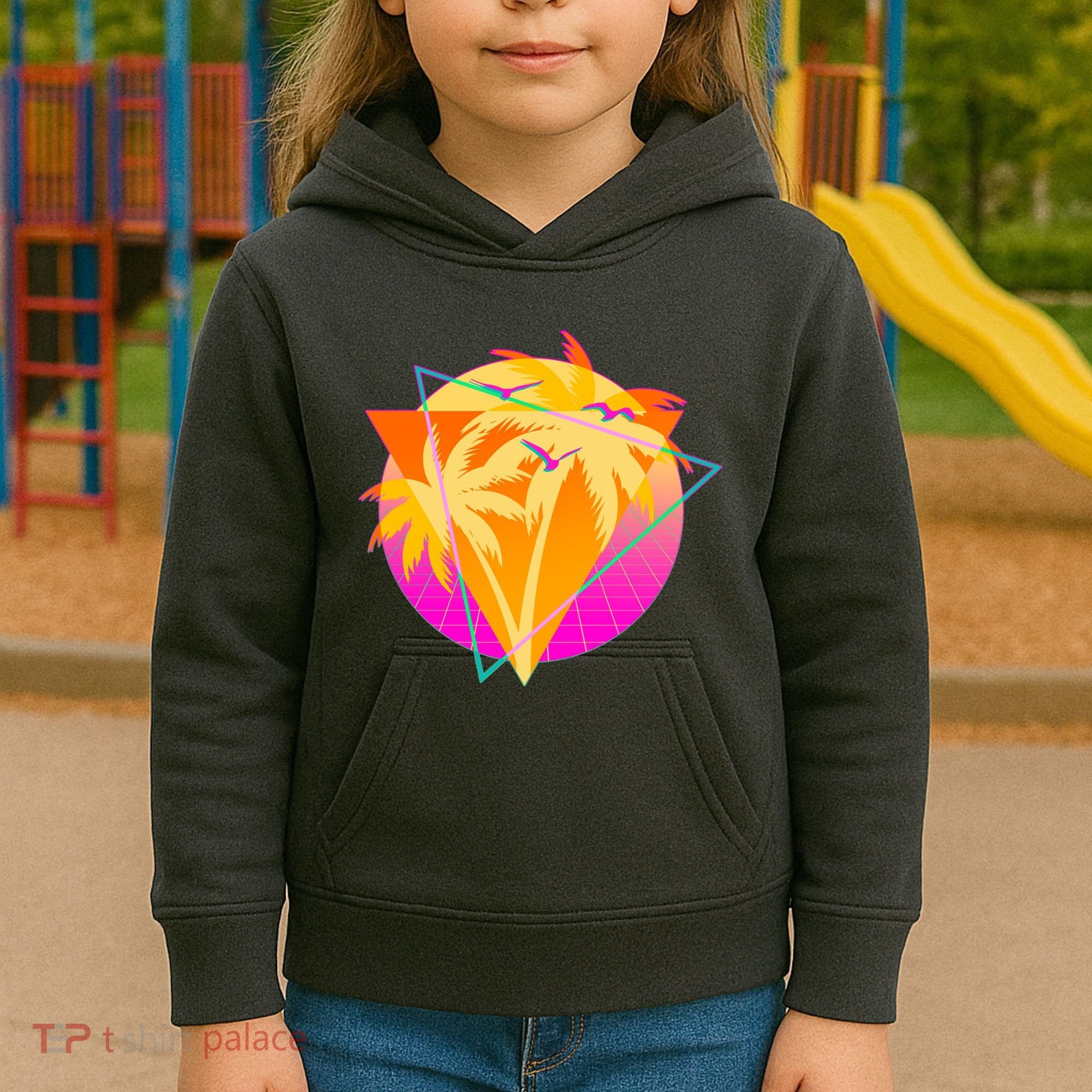 Retro Eighties 80's Tropical Palm Trees Emblem Kids Hoodie