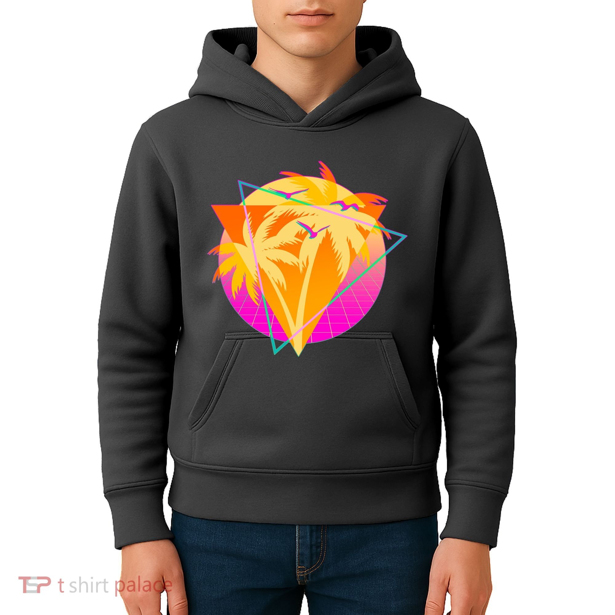 Retro Eighties 80's Tropical Palm Trees Emblem Kids Hoodie