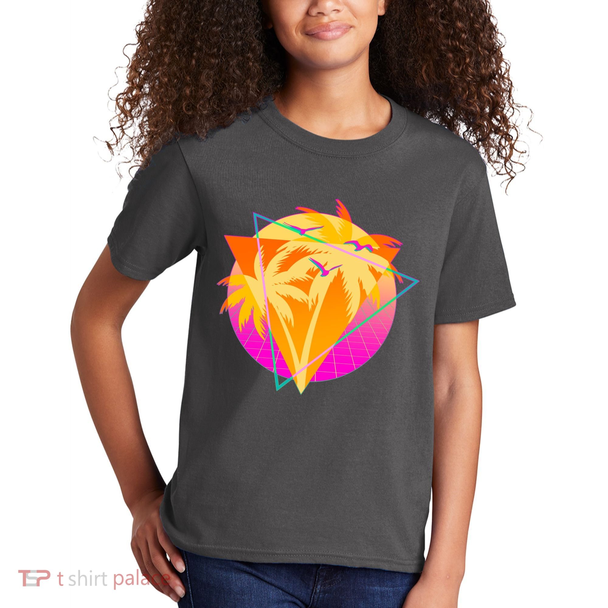 Retro Eighties 80's Tropical Palm Trees Emblem Kids T-Shirt