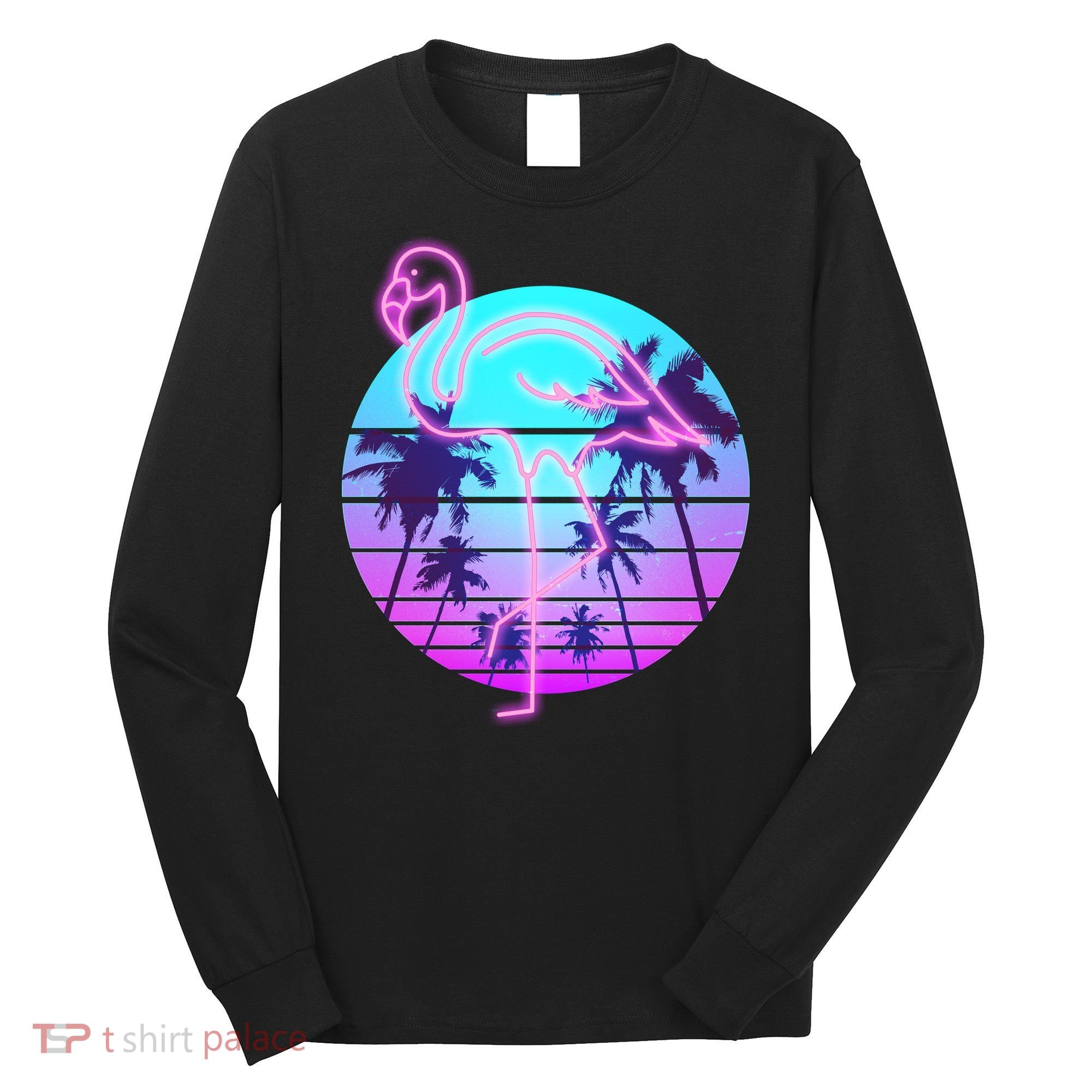 Retro Eighties 80's Neon Flamingo Emblem Long Sleeve Shirt