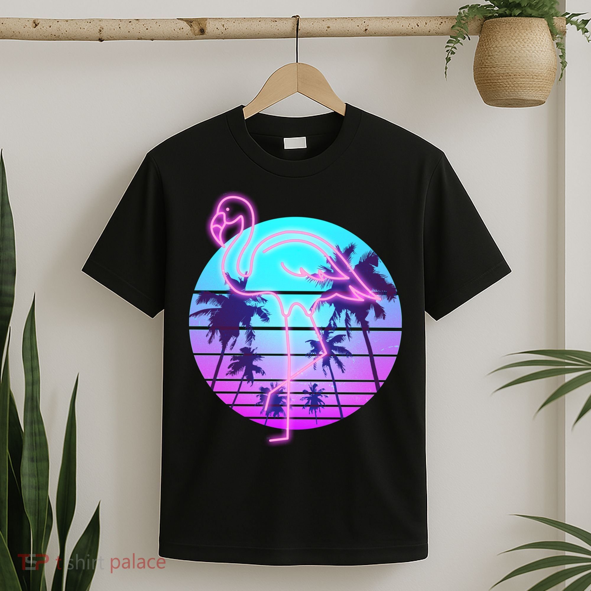 Retro Eighties 80's Neon Flamingo Emblem T-Shirt