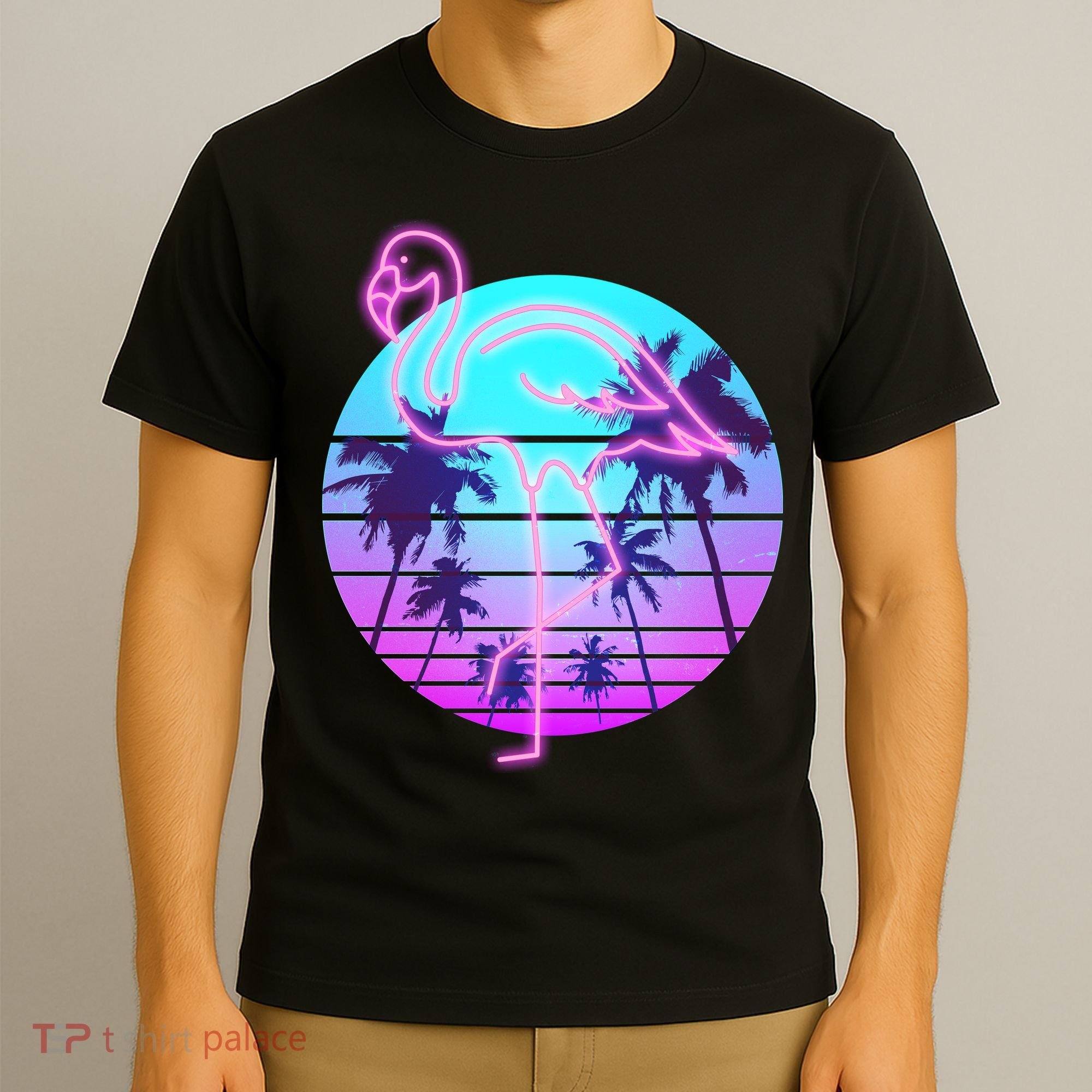 Retro Eighties 80's Neon Flamingo Emblem T-Shirt